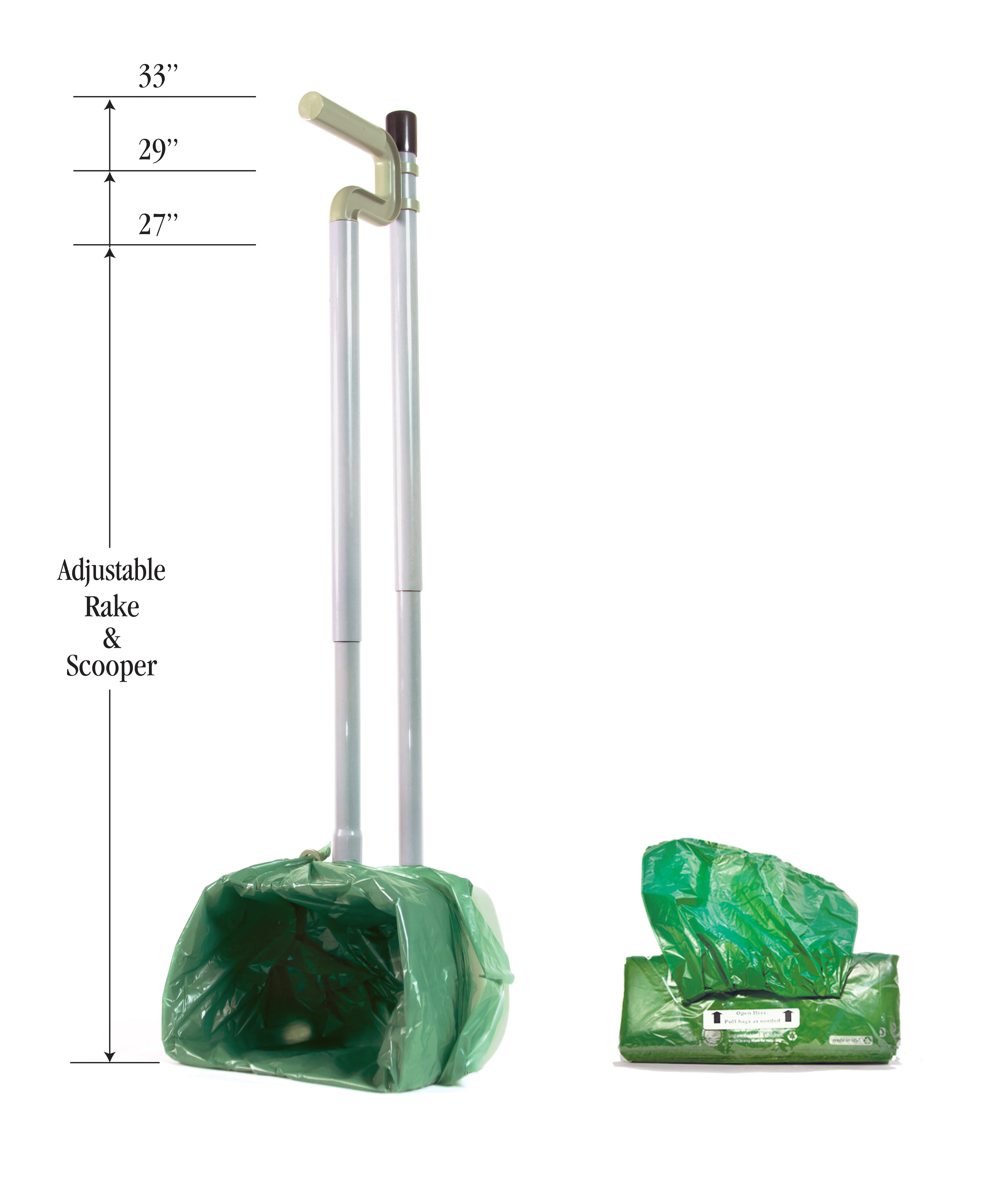 Dog Pooper Scooper with Rake & 50 Waste Bags - Adjustable, Ergonomic, Made in USA