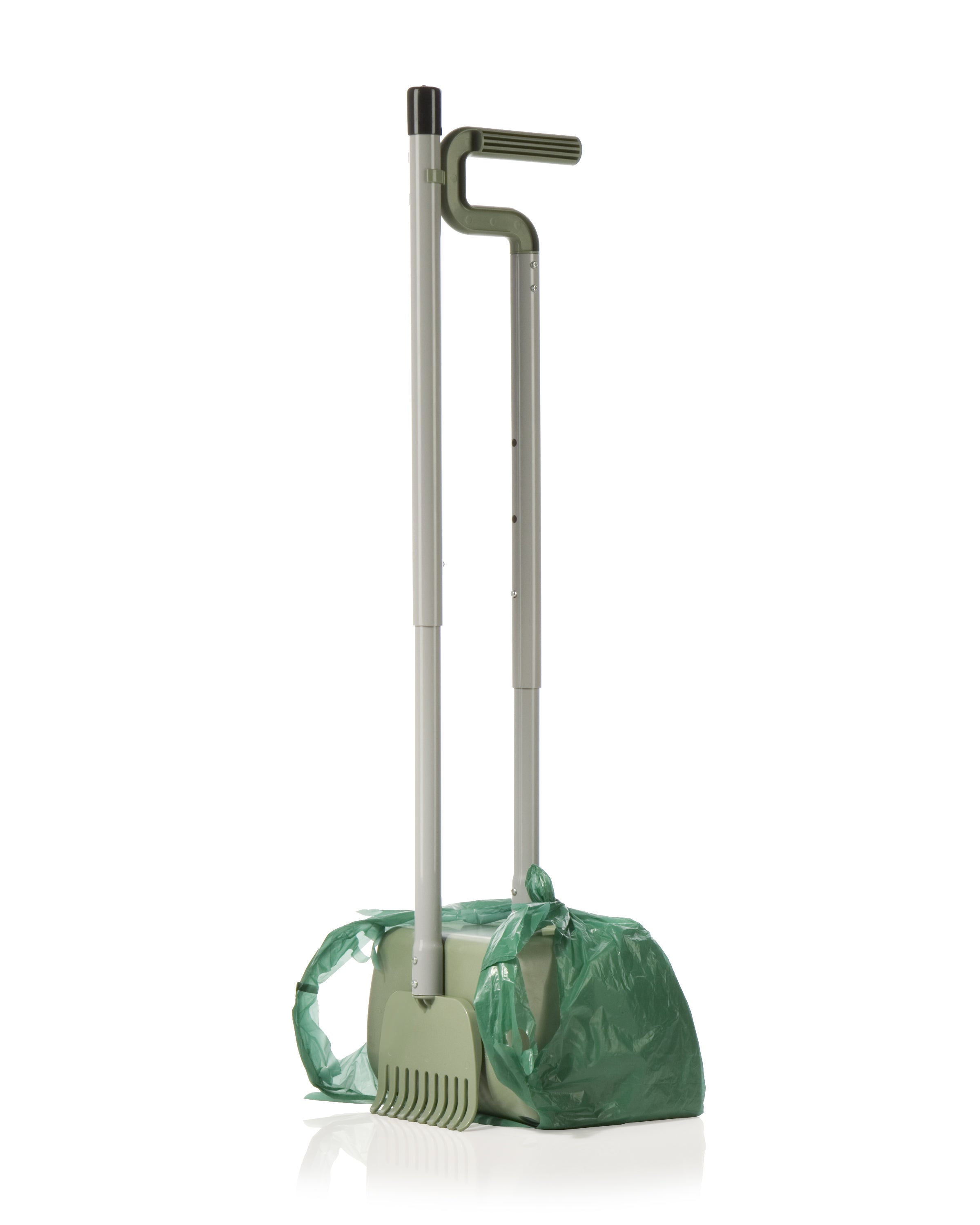 Dog pooper scooper rear view with waste bag attached showing rake head and bucket assembly