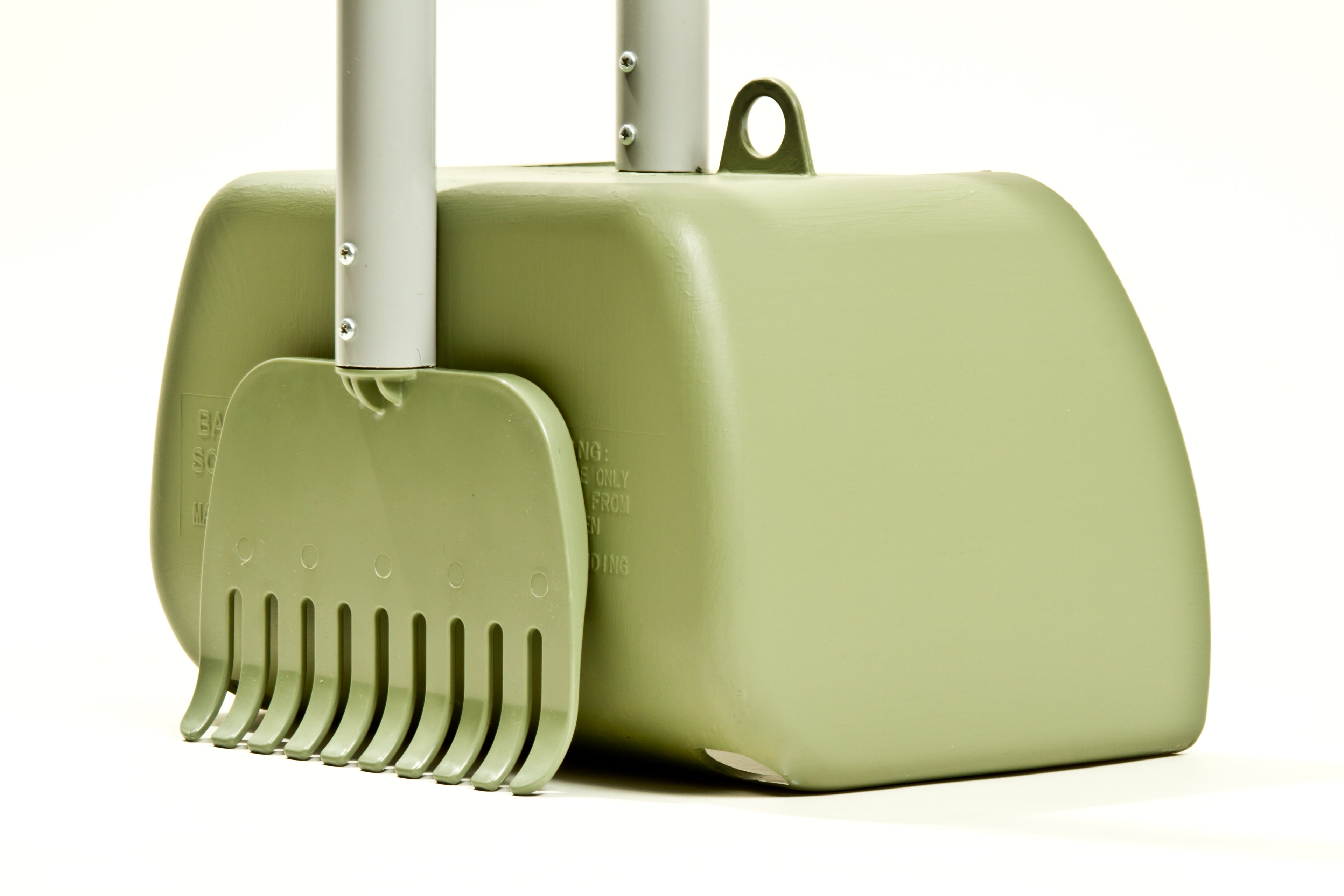 Pooper scooper bucket with rake head attachment