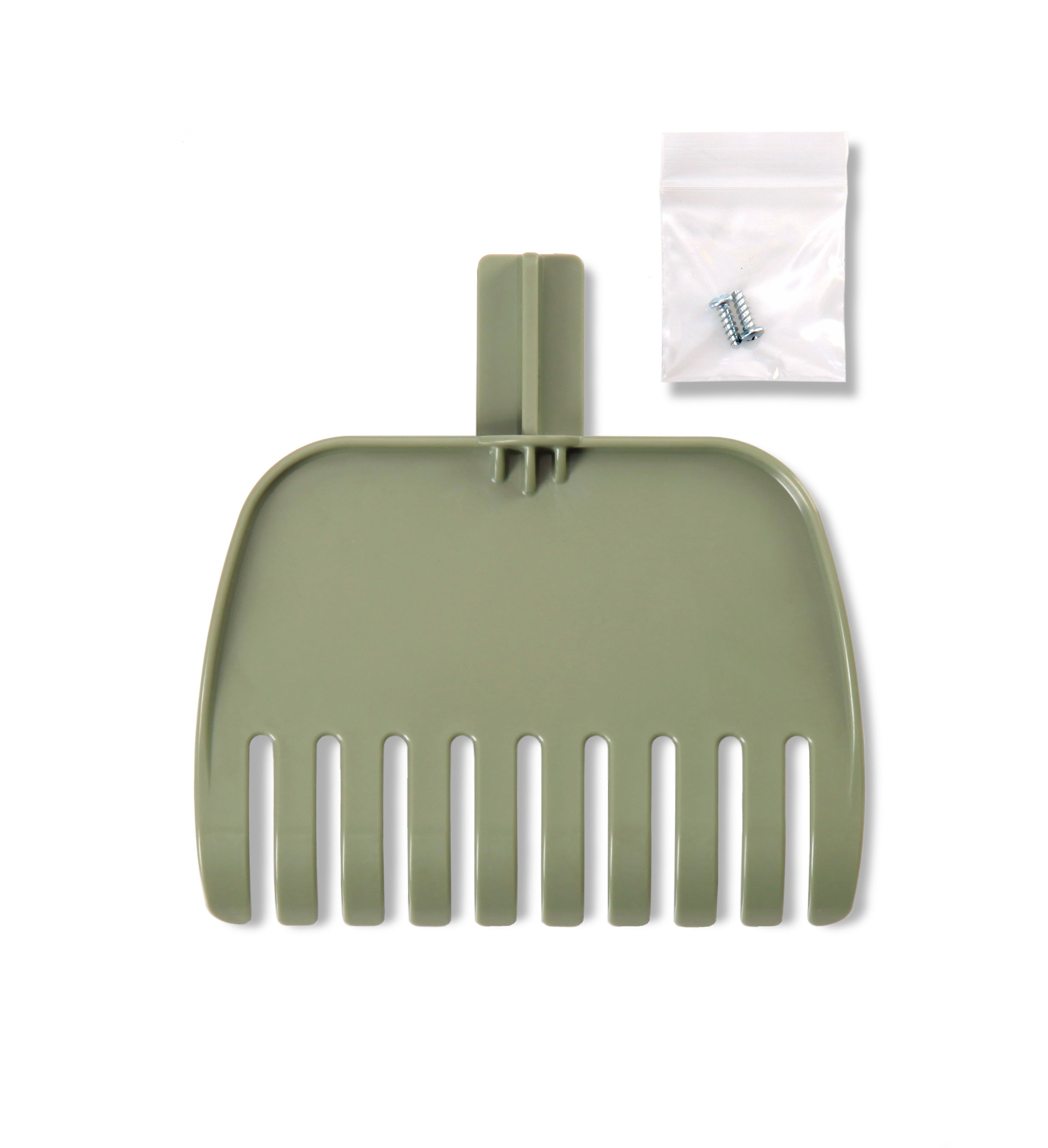 Rake head replacement part back view with mounting screws