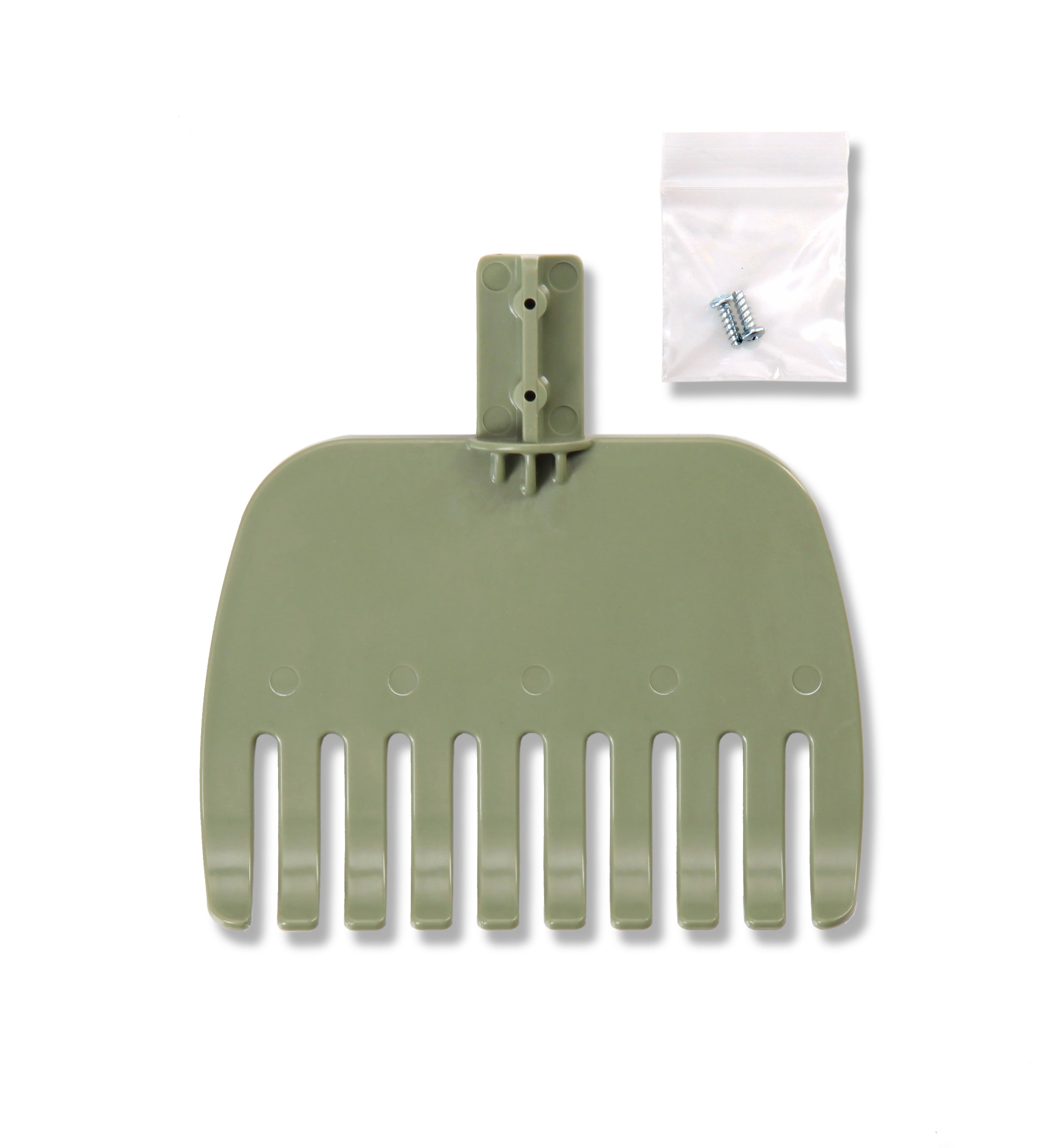 Rake head replacement part front view showing teeth and screw holes