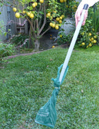 Rake attachment with waste bag installed on pooper scooper